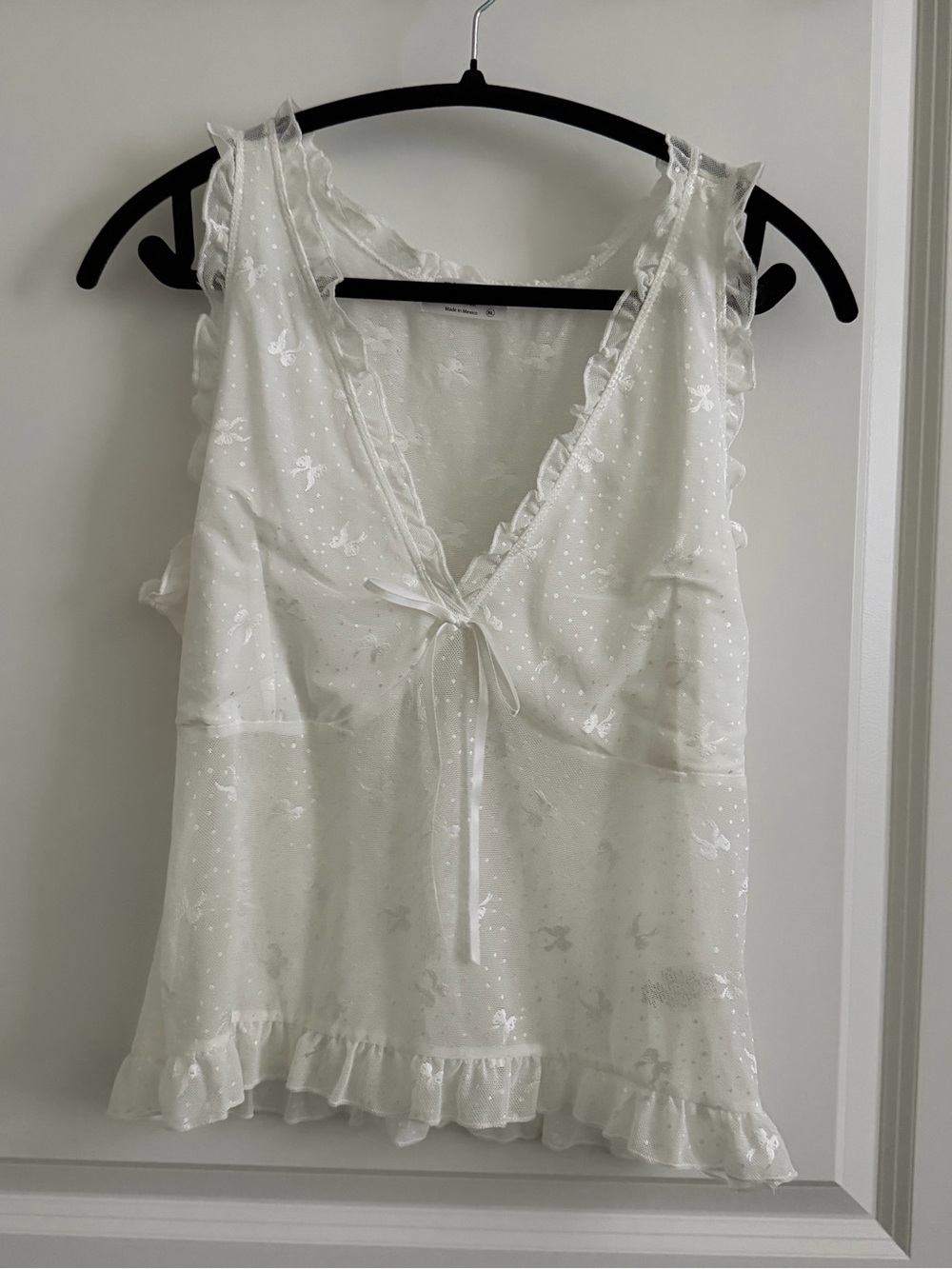 Electric Family White Ruffled V-Neck Tie-Front Camisole with Subtle Shimmer